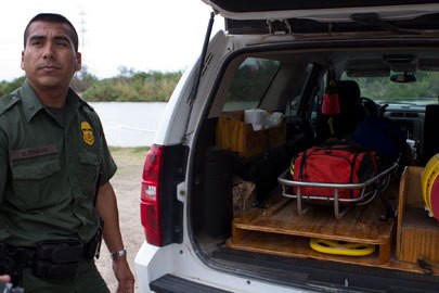 U.S. Border Patrol Agent Daniel Tirado patrols the U.S.-Mexico border near Corpus Christi Texas. His vehicle is outfitted with medical gear for treatment of injured border crossers. Photo by Alex Lancial.