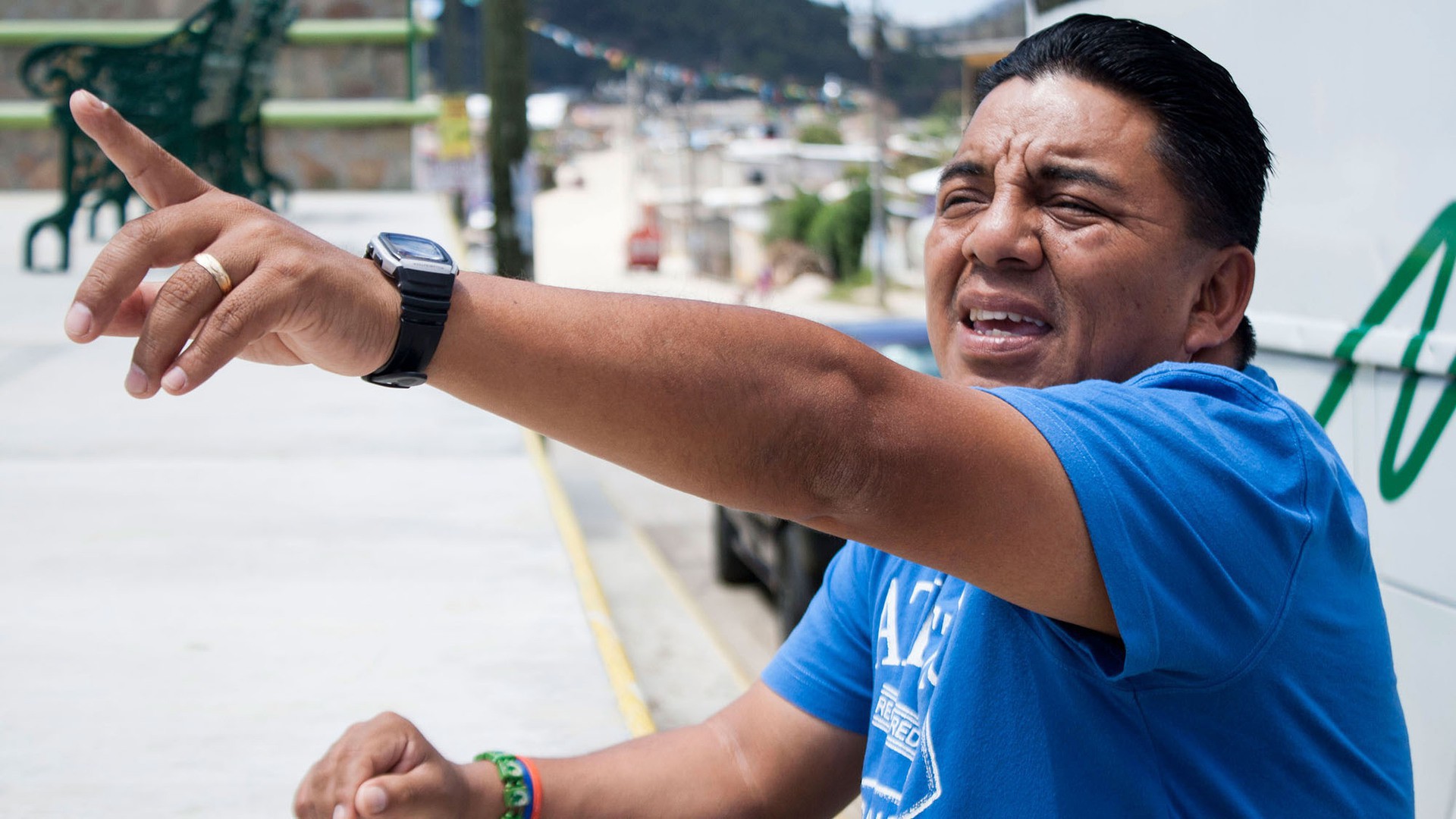 Juan de la Cruz points out the basketball courts in the highland town of Zinacantán, Chiapas, Mex., explaining how they've become a natural part of everyday life. (Photo by Jessie Wardarski.)