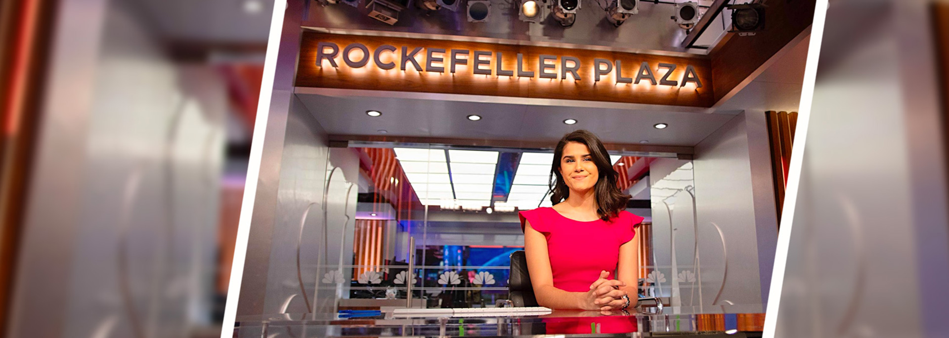 A Cronkite student sits at the Rockerfeller Plaza news desk.