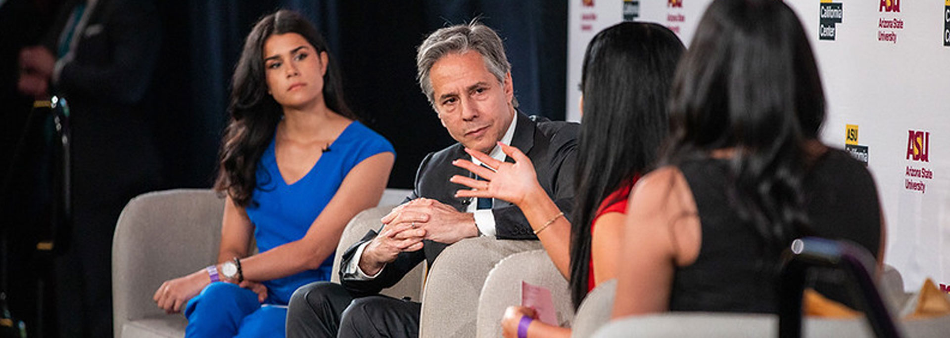 Secretary of State Antony J. Blinken, students Marcella Baietto, Madison Thomas and Andrea Villalobos discuss a Commitment to Journalistic Freedom at the Media Summit of the Americas