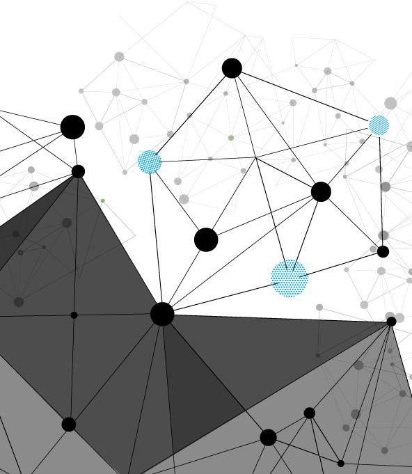 Abstract network with black and gray polygonal shapes and interconnected nodes, including blue dotted circles.