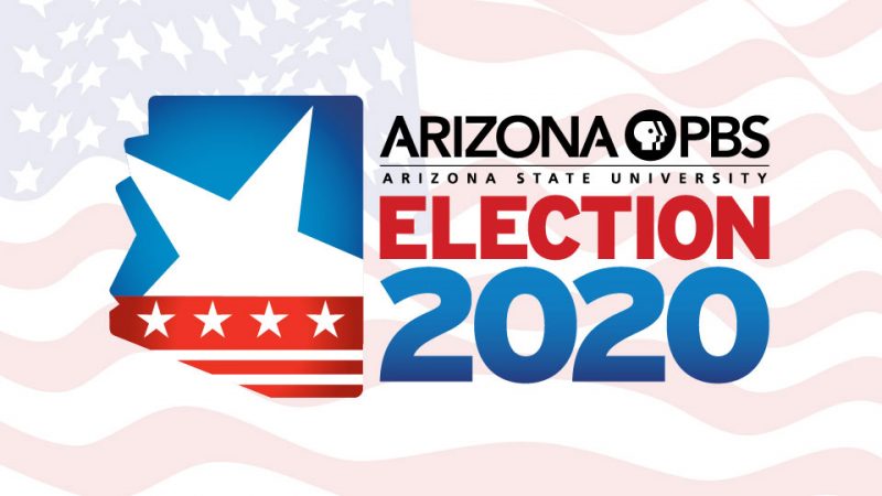 Graphic with Arizona state outline, an American flag design, and text "ARIZONA PBS ELECTION 2020."