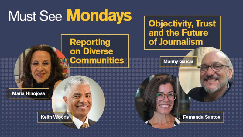 Promotional image for "Must See Mondays" featuring four speakers and event information in yellow and white text on a dark blue background.