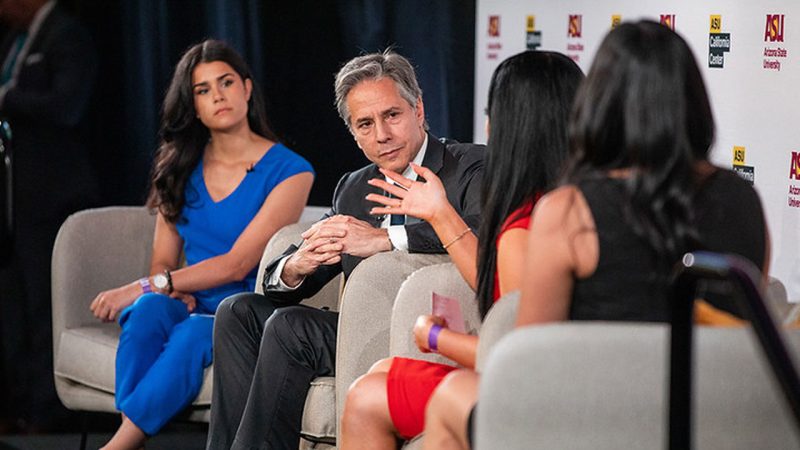 Secretary of State Antony J. Blinken, students Marcella Baietto, Madison Thomas and Andrea Villalobos discuss a Commitment to Journalistic Freedom at the Media Summit of the Americas