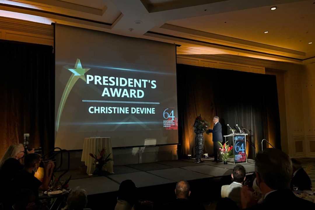 Cronkite Hall of Fame member Christine Devine receives the 2022 President's Award from the Los Angeles Press Club
