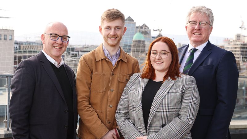 Veronica Guerin Washington Scholarship. Scholarship awardees Liam Coates and Erin Murphy with 9l-r); Prof. Kevin Rafter, DCU and Prof. Daire Keogh, President, DCU. Photo by Gerry Mooney