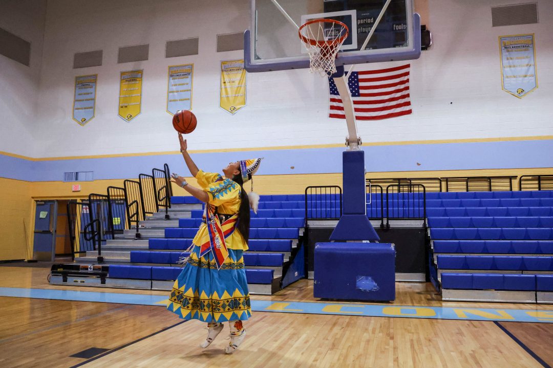 Laney Lupe, an Alchesay girls basketball alum and Miss Indian Arizona 2023-24, shoots a reverse layup at Chief Alchesay Activity Center in Whiteriver, Ariz. on Thursday, Feb. 1, 2023.