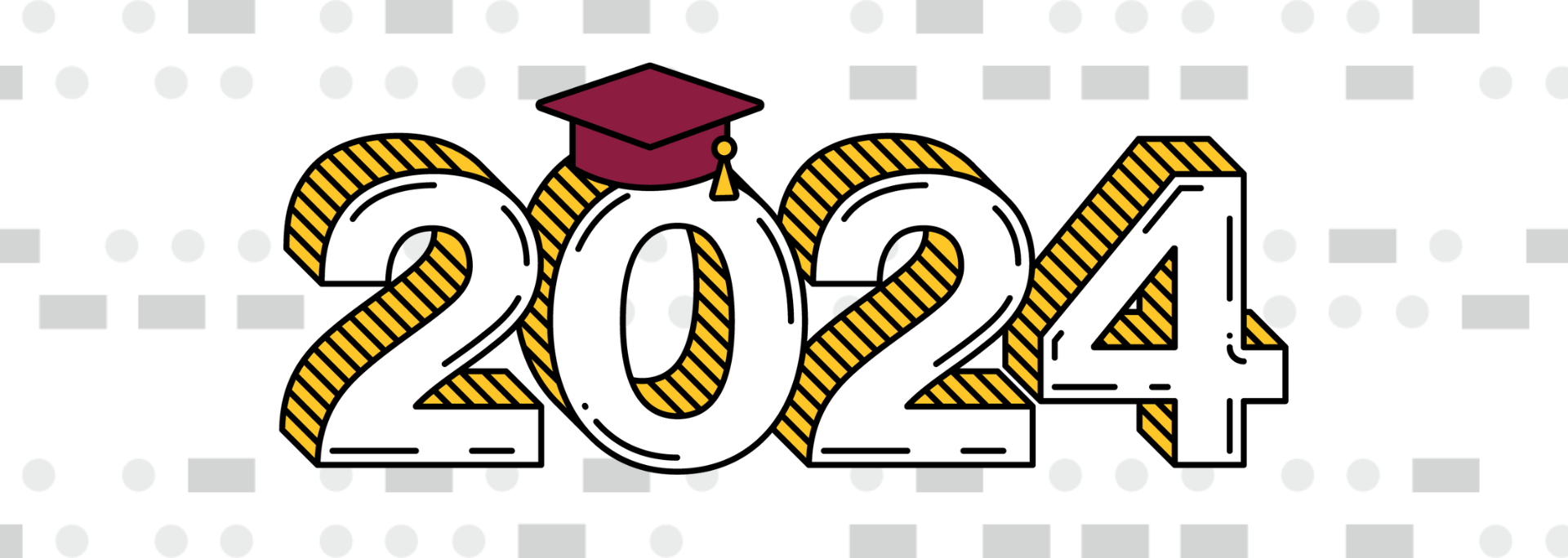 "Stylized '2024' for ASU with a graduation cap on the first '0' against a patterned background."