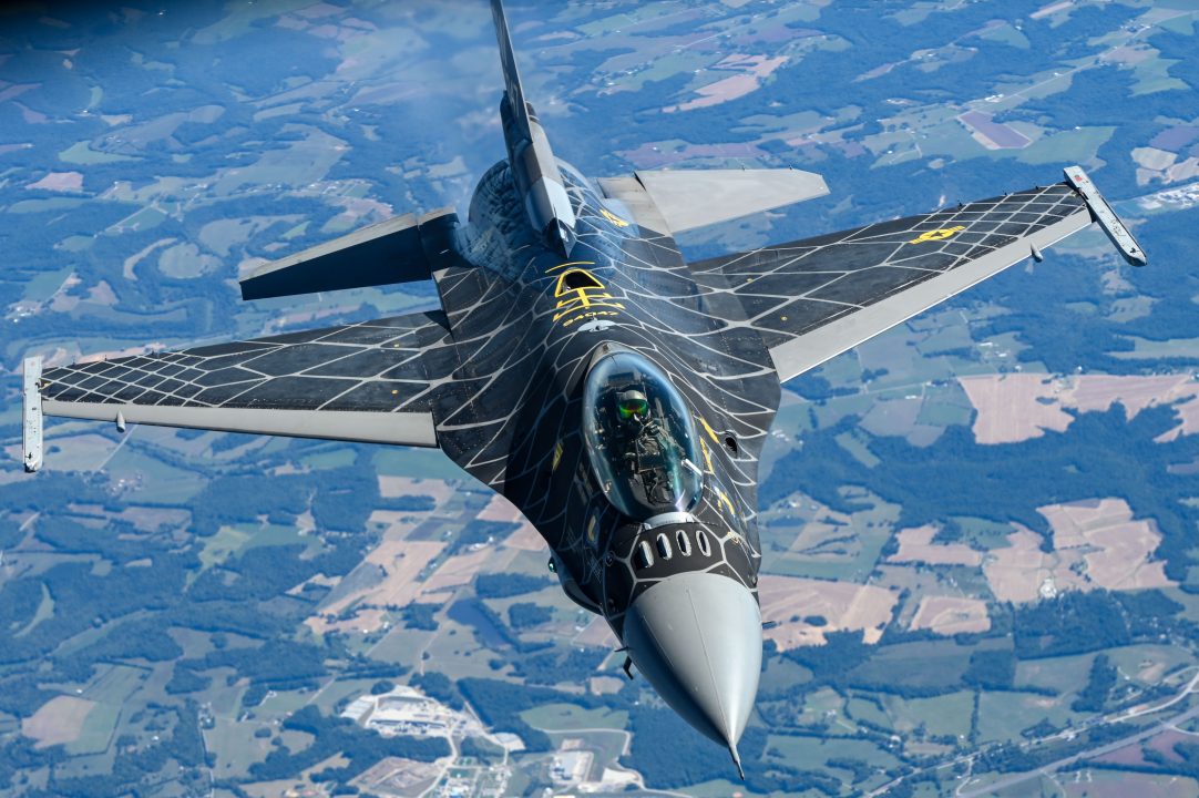 A closeup shot of an Air Force plane flying.