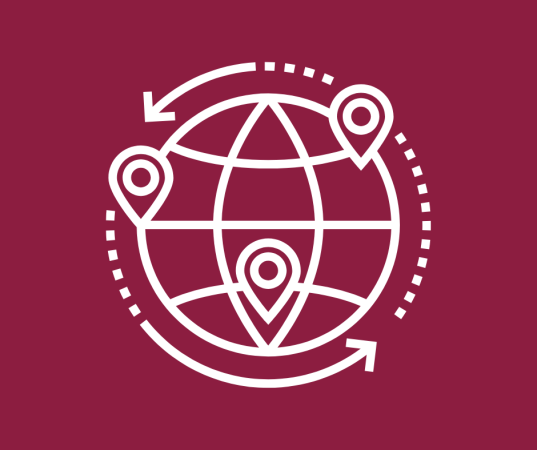 Globe icon with location markers on a maroon background.